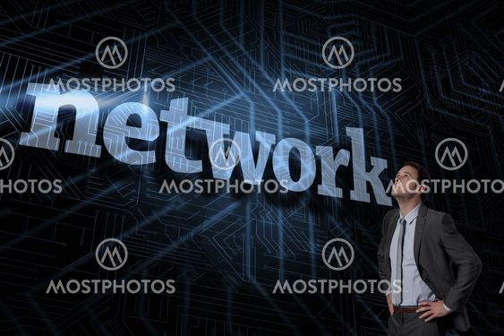 Network against futuristic black and blue background