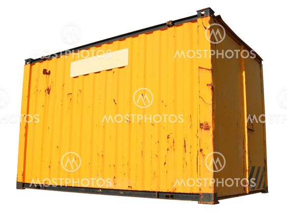 A yellow ship freight container, isolated on a white background.