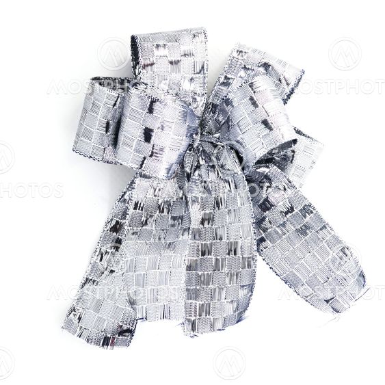 Silver Satin gift bow. ribbon isolated on white