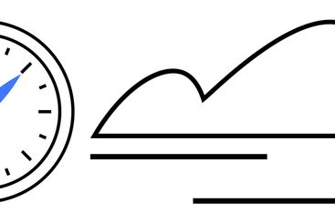 Clock with blue hands next to minimal cloud and horizon...