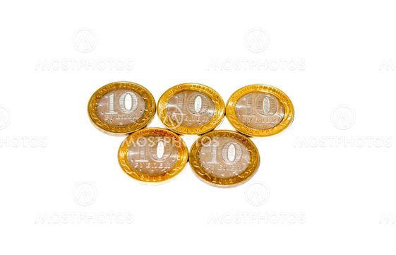 10 rubles russian coins laying on the white background