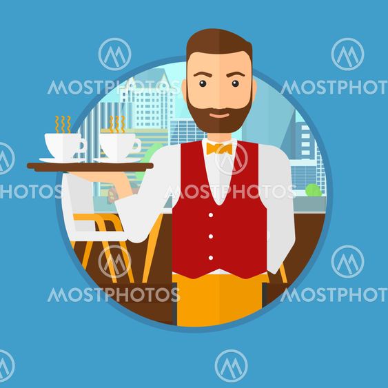 Waiter holding tray with cups of coffeee or tea.