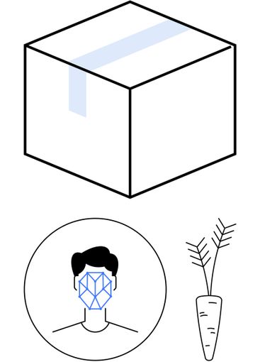 Box with tape, face scanning in circle, and carrot...