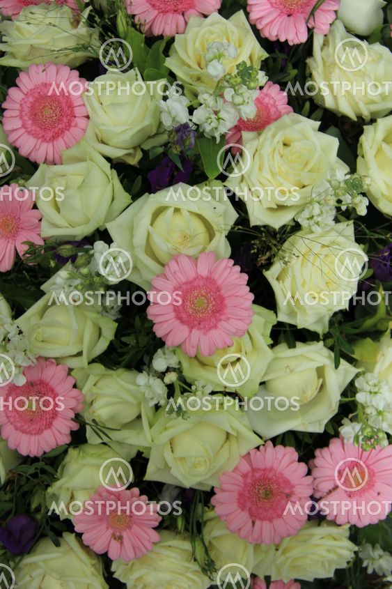 pink gerberas and white roses - wedding flowers