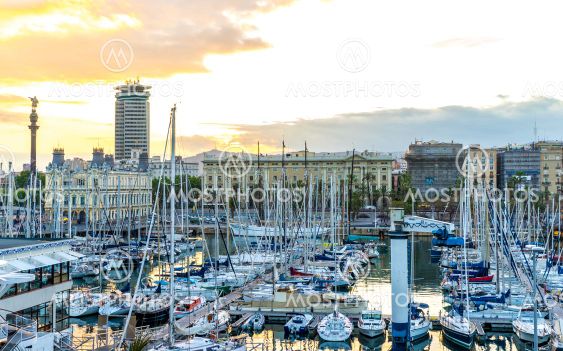 View on the Sunset in the harbour of Barcelona