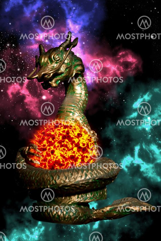 Dragon statue rolled the sun with orion in space area
