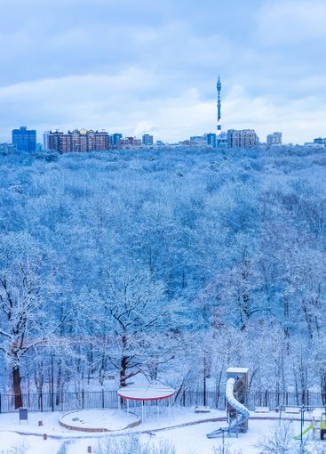 park, playground and town in blue winter dusk