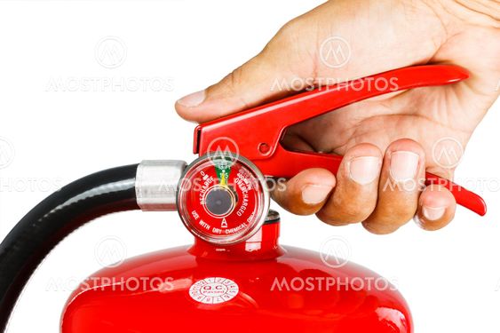 Holding fire extinguisher isolated