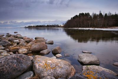 Seacoast in march with stones on the foreground