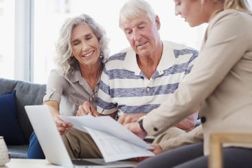 Happy, elderly couple or documents with financial...