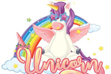 Colourful unicorn meditate on sky