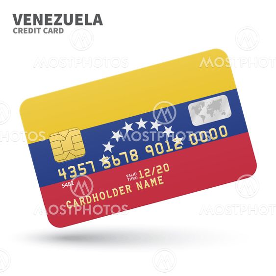 Credit card with Venezuela flag background for bank, presentations and business. Isolated on white
