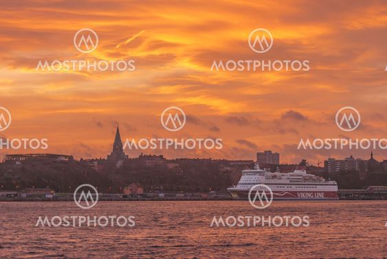 Harbour of Stockholm during evening with a Viking Line...