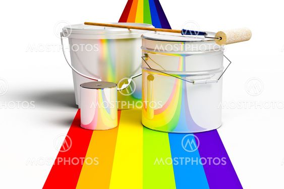 Bucket with paint, roller, and rainbows colors