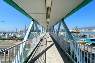 Perspective angle view of human bridge with sunlight and...