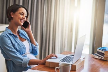Woman, phone call and laptop for remote work in home,...