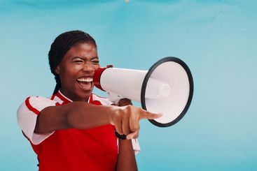 Woman, loudspeaker and happy in studio with sports,...
