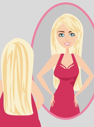 Full lady enjoys her slim reflection 