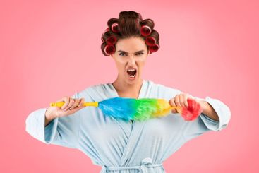 Furious Housewife Shouting Holding Cleaning Feather...