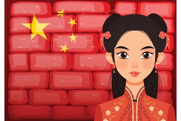 Woman in traditional attire with Chinese flag background