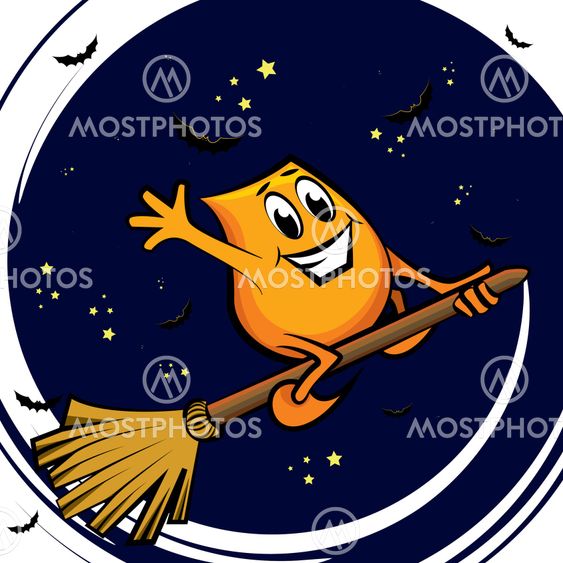 Cartoon character - flying on the broom at the starry night