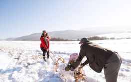 Father pushing daughter on sledge, mother pulling her. Winter na