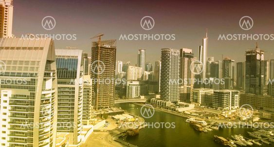 Dubai Marina aerial skyine at sunset, UAE