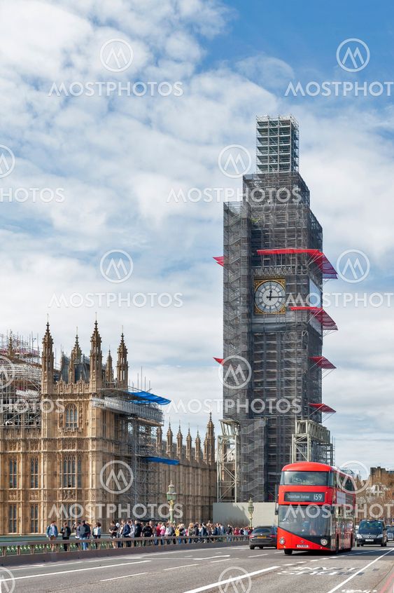 London, UK - April 2018: The Elizabeth Tower, the Great Clock and the Great Bell, known as Big Ben, the iconic landmark of London, and the Palace of Westminster being scaffolded during the significant renovation since early 2017