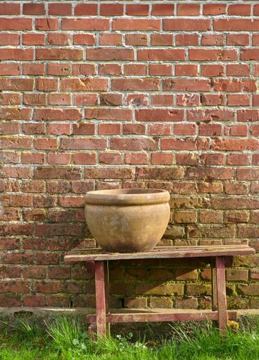 Table, pot and outdoor at brick wall with grass,...