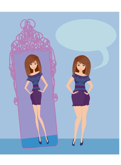 Full lady enjoys her slim reflection 