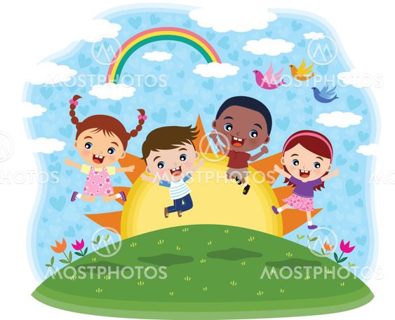 Multicultural children jumping on the hill