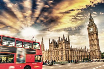 Westminster Bridge, London. Red Double Decker Bus...