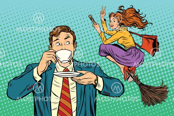 Retro man sees a woman cheerful witch