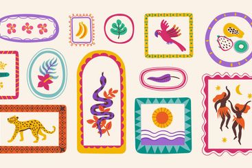 Abstract Hawaiian summer shapes. Vintage flowers fruits...