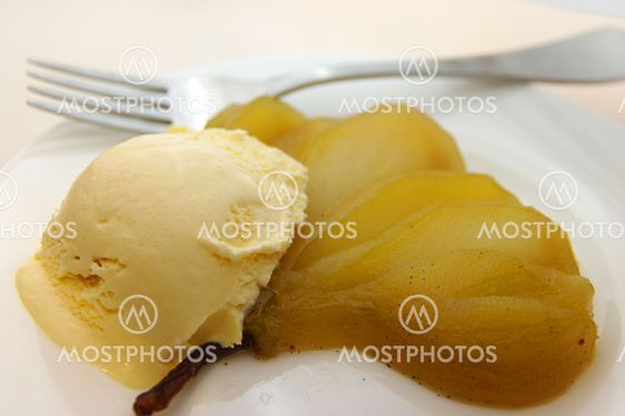 Vanilla Bean Poached Pear and Ice-cream