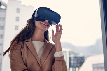 Window, vr headset and futuristic for woman with joy,...