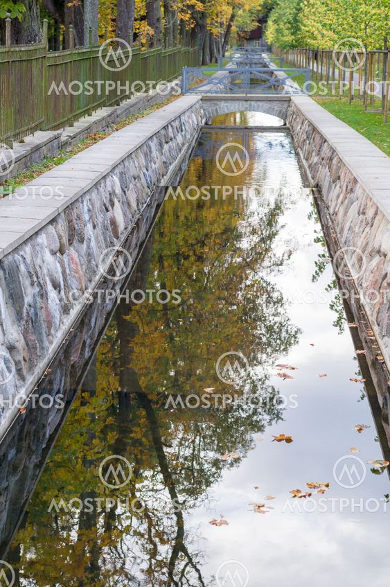 Canal closeup with autumn tree reflection in water