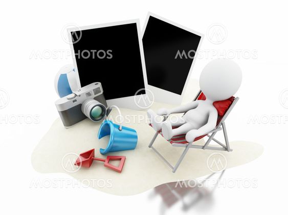 3d White people with beach toys, camera and photos.