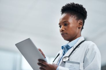 Healthcare, technology and black woman with tablet for...