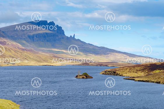 Old Man of Storr rock formation and lake, Scotland.