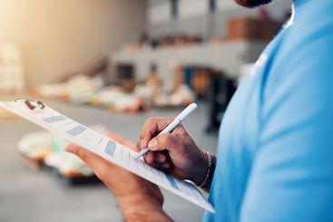 Clipboard, man and hands of volunteer writing for...