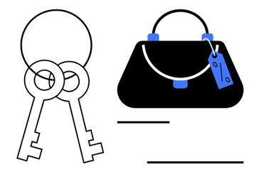 Vintage keys and classic handbag with tag representing...