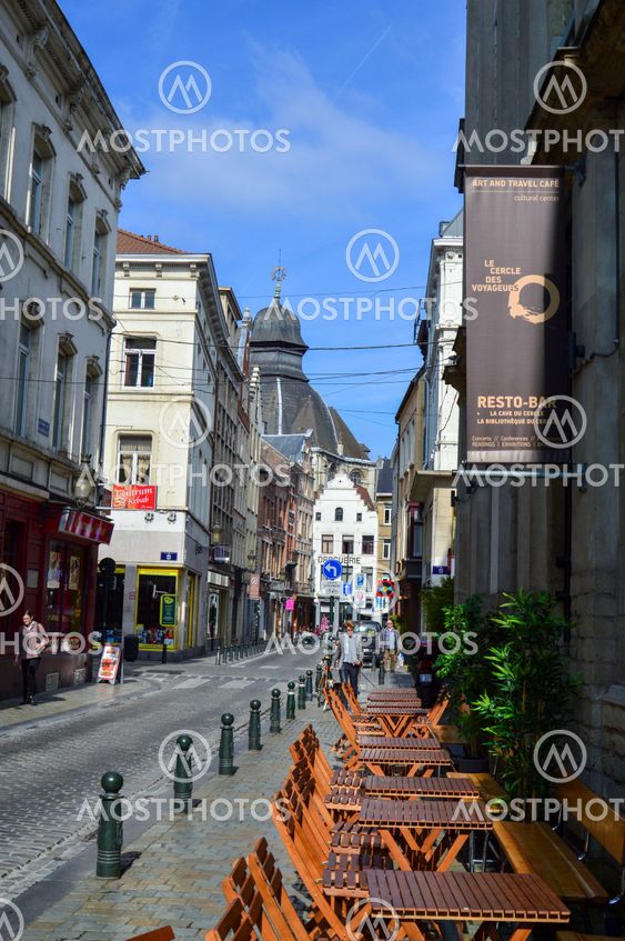 Brussels, Belgium - April 2015: Preserved old European-style residential and commercial buildings on streets of Brussels City, Belgium
