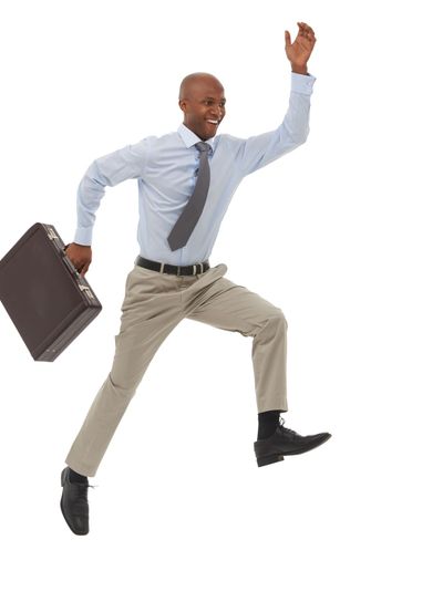 Happy businessman, jump and suitcase in joy for success...