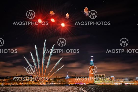 Stockholm with a clear sky with stars an fireworks