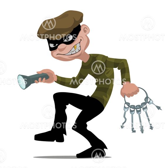 Cartoon thief with flashlight and skeleton key