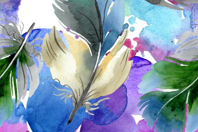 Colorful bird feather from wing isolated. Watercolor...