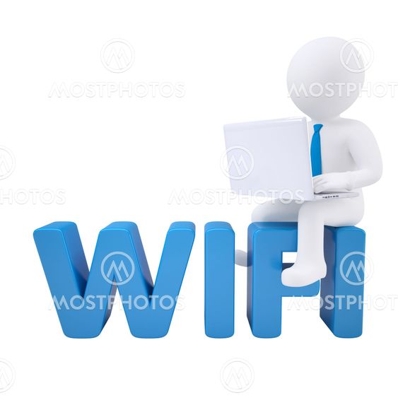 3d man with laptop sitting on the WIFI