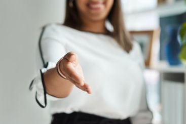 Deal, offer and businesswoman with handshake gesture in...