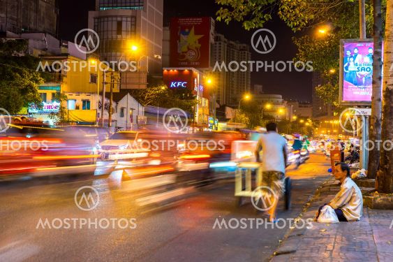 View of a busy night street in Ho Chi Minh City